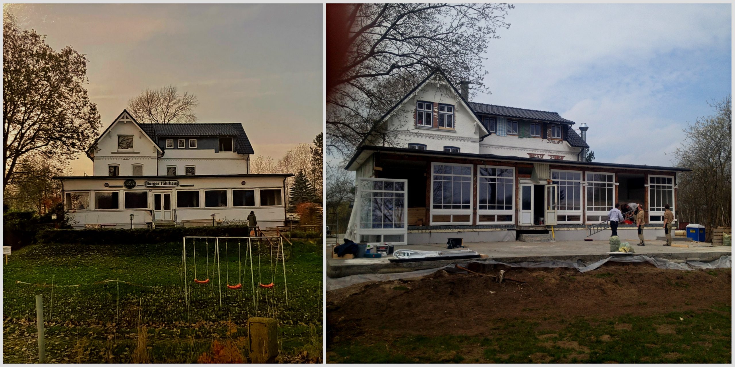 (2012) Außenansicht vor der Sanierung || (2013) Einbau der neuen, größeren Fenster