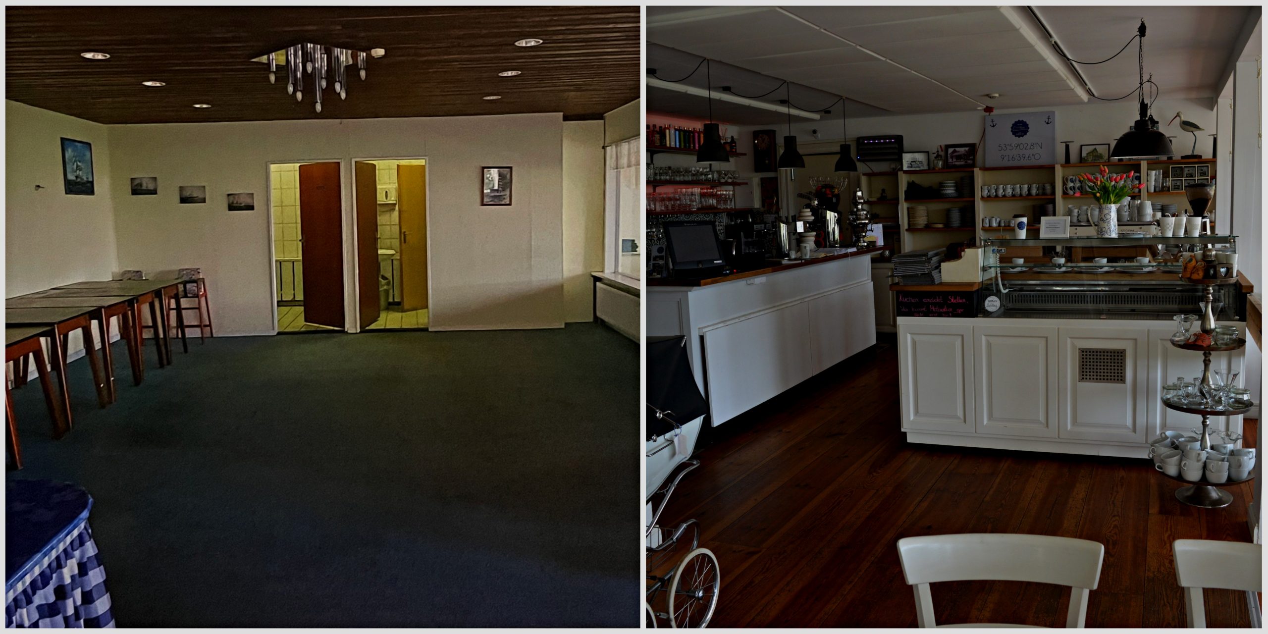 (2012) Gastraum vor der Eröffnung/Blick auf die Toiletten || (2023) Gastraum/Bar 10 Jahre später/ jetzt Blick auf die Küche