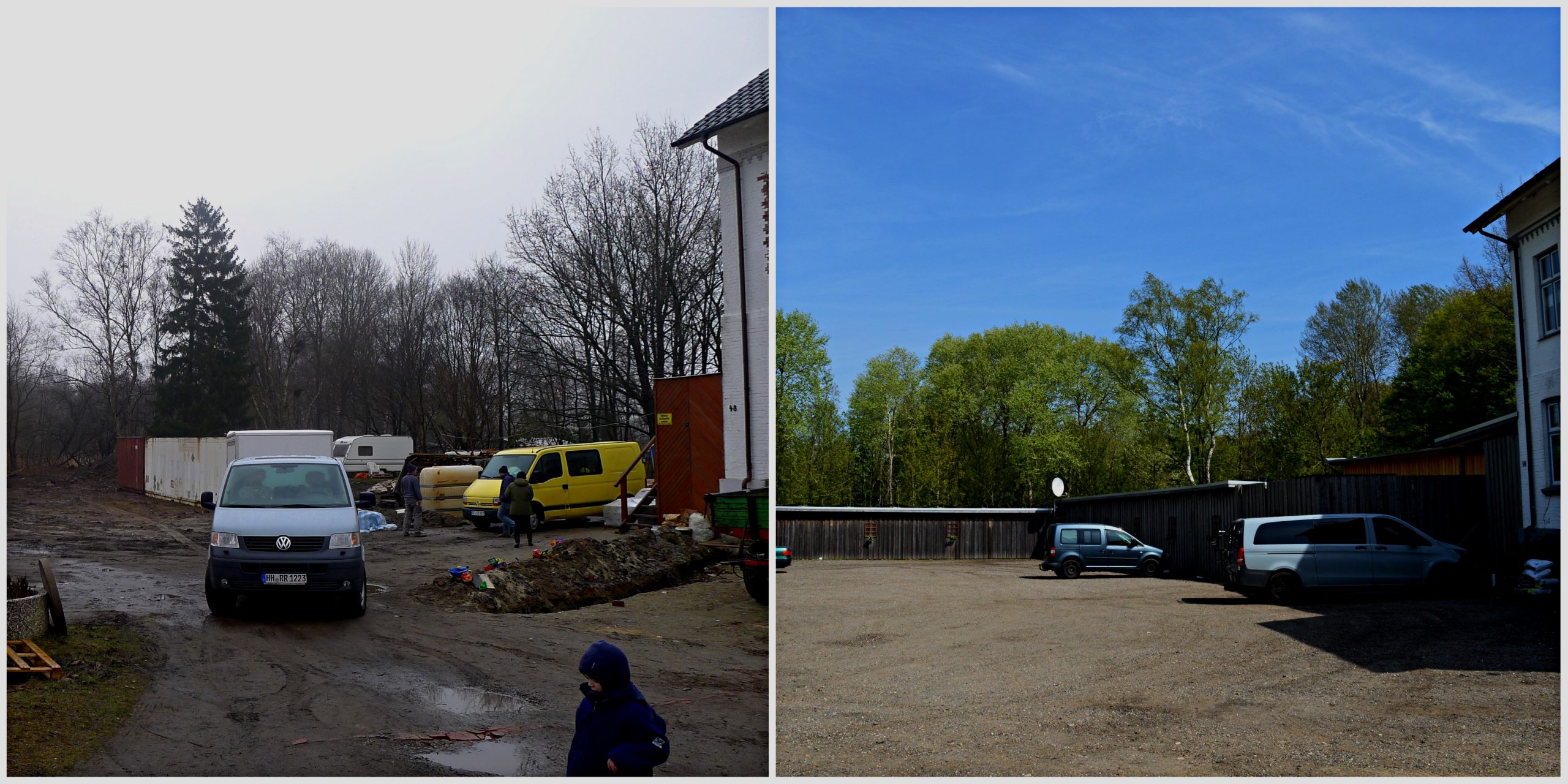 (2012) Parkplatz zu Beginn der Baumaßnahmen || (2023) Parkplatz